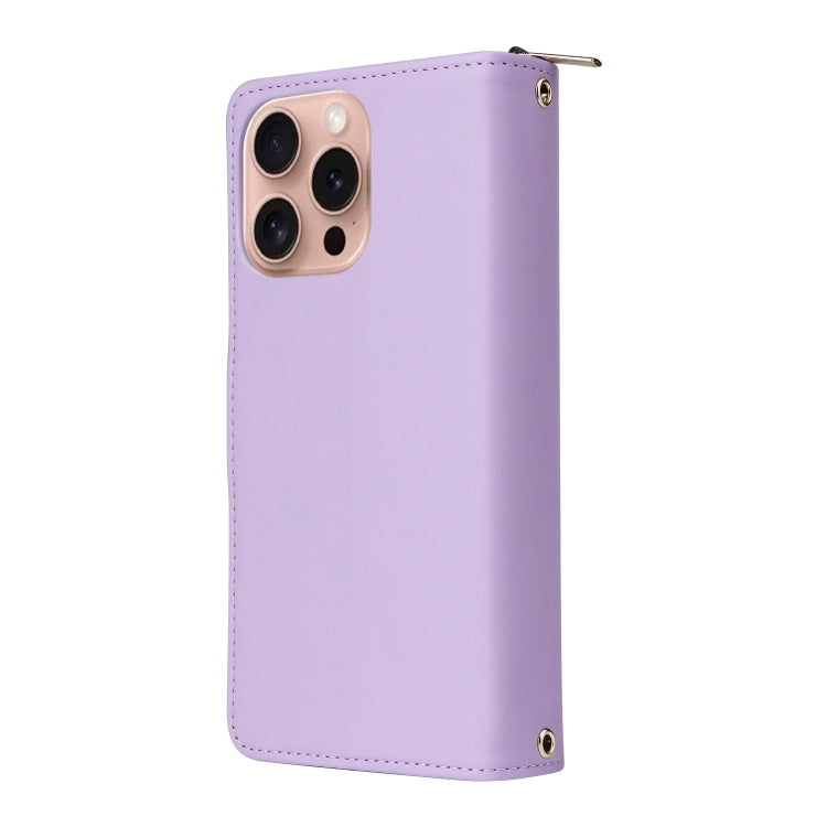 For iPhone 16 Pro Nine-card Slots Zipper Wallet Bag Leather Phone Case(Light Purple) - iPhone 16 Pro Cases by buy2fix | Online Shopping UK | buy2fix