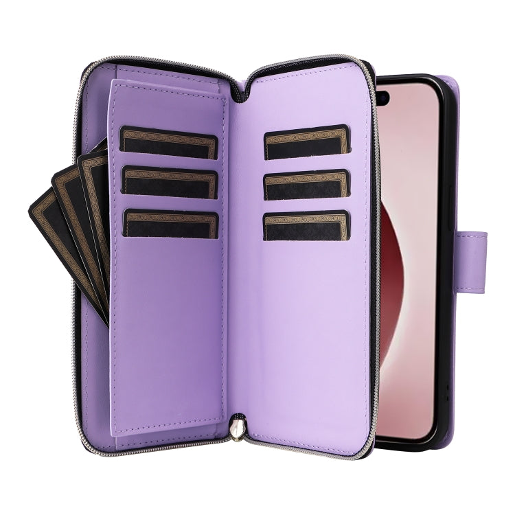 For iPhone 16 Pro Nine-card Slots Zipper Wallet Bag Leather Phone Case(Light Purple) - iPhone 16 Pro Cases by buy2fix | Online Shopping UK | buy2fix