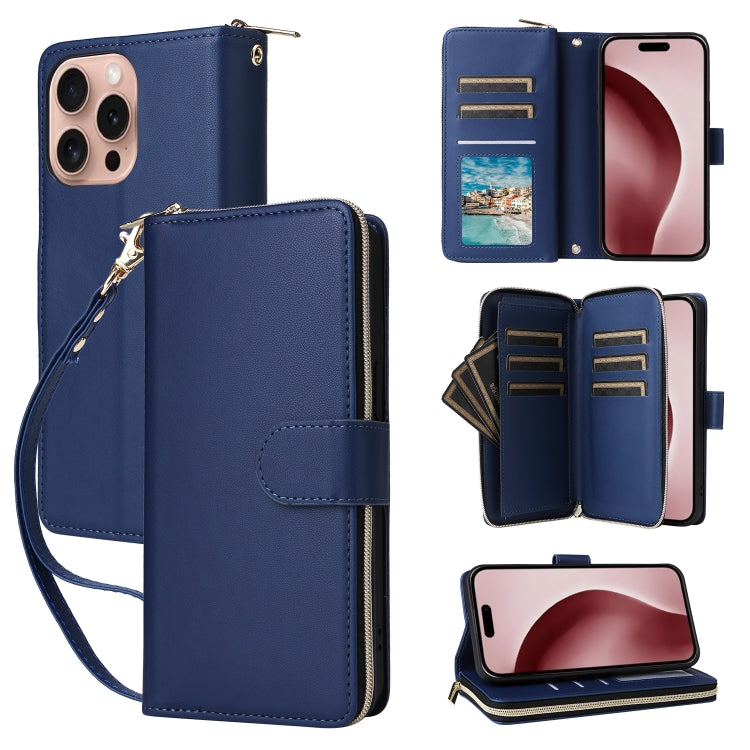 For iPhone 16 Pro Nine-card Slots Zipper Wallet Bag Leather Phone Case(Blue) - iPhone 16 Pro Cases by buy2fix | Online Shopping UK | buy2fix