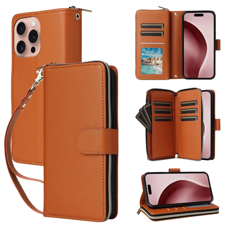 For iPhone 16 Pro Nine-card Slots Zipper Wallet Bag Leather Phone Case(Brown) - iPhone 16 Pro Cases by buy2fix | Online Shopping UK | buy2fix