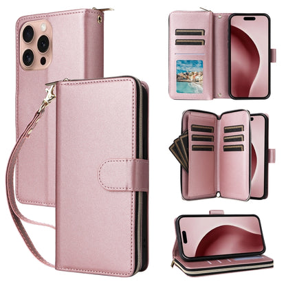 For iPhone 16 Pro Nine-card Slots Zipper Wallet Bag Leather Phone Case(Rose Gold) - iPhone 16 Pro Cases by buy2fix | Online Shopping UK | buy2fix