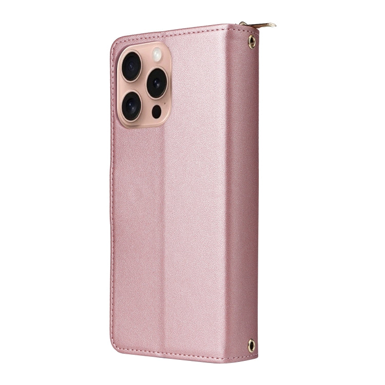For iPhone 16 Pro Nine-card Slots Zipper Wallet Bag Leather Phone Case(Rose Gold) - iPhone 16 Pro Cases by buy2fix | Online Shopping UK | buy2fix