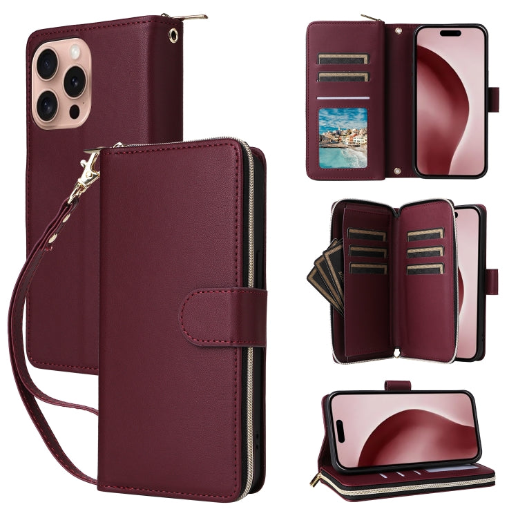 For iPhone 16 Pro Max Nine-card Slots Zipper Wallet Bag Leather Phone Case(Wine Red) - iPhone 16 Pro Max Cases by buy2fix | Online Shopping UK | buy2fix