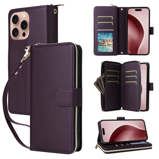 For iPhone 16 Pro Max Nine-card Slots Zipper Wallet Bag Leather Phone Case(Dark Purple) - iPhone 16 Pro Max Cases by buy2fix | Online Shopping UK | buy2fix