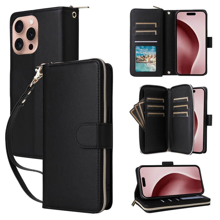 For iPhone 16 Pro Max Nine-card Slots Zipper Wallet Bag Leather Phone Case(Black) - iPhone 16 Pro Max Cases by buy2fix | Online Shopping UK | buy2fix