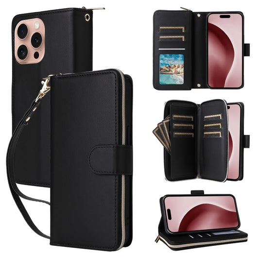 For iPhone 16 Pro Max Nine-card Slots Zipper Wallet Bag Leather Phone Case(Black) - iPhone 16 Pro Max Cases by buy2fix | Online Shopping UK | buy2fix