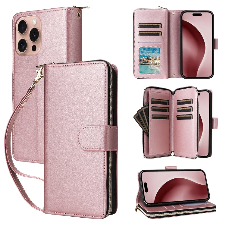 For iPhone 16 Pro Max Nine-card Slots Zipper Wallet Bag Leather Phone Case(Rose Gold) - iPhone 16 Pro Max Cases by buy2fix | Online Shopping UK | buy2fix