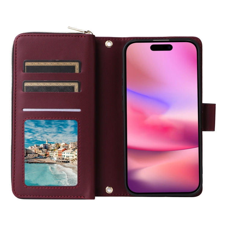 For iPhone 16 Nine-card Slots Zipper Wallet Bag Leather Phone Case(Wine Red) - iPhone 16 Cases by buy2fix | Online Shopping UK | buy2fix