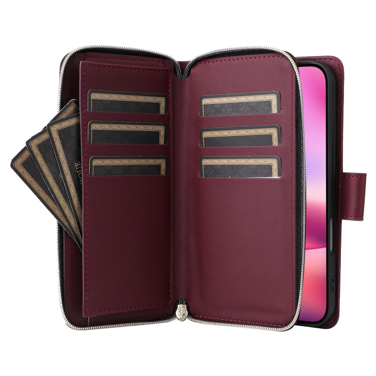 For iPhone 16 Nine-card Slots Zipper Wallet Bag Leather Phone Case(Wine Red) - iPhone 16 Cases by buy2fix | Online Shopping UK | buy2fix