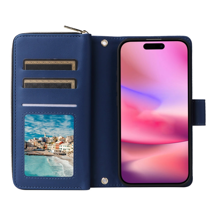 For iPhone 16 Nine-card Slots Zipper Wallet Bag Leather Phone Case(Blue) - iPhone 16 Cases by buy2fix | Online Shopping UK | buy2fix
