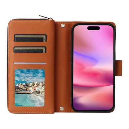 For iPhone 16 Nine-card Slots Zipper Wallet Bag Leather Phone Case(Brown) - iPhone 16 Cases by buy2fix | Online Shopping UK | buy2fix