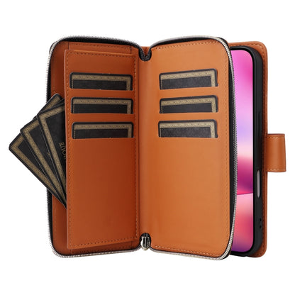 For iPhone 16 Nine-card Slots Zipper Wallet Bag Leather Phone Case(Brown) - iPhone 16 Cases by buy2fix | Online Shopping UK | buy2fix