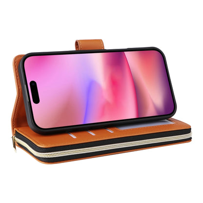 For iPhone 16 Nine-card Slots Zipper Wallet Bag Leather Phone Case(Brown) - iPhone 16 Cases by buy2fix | Online Shopping UK | buy2fix