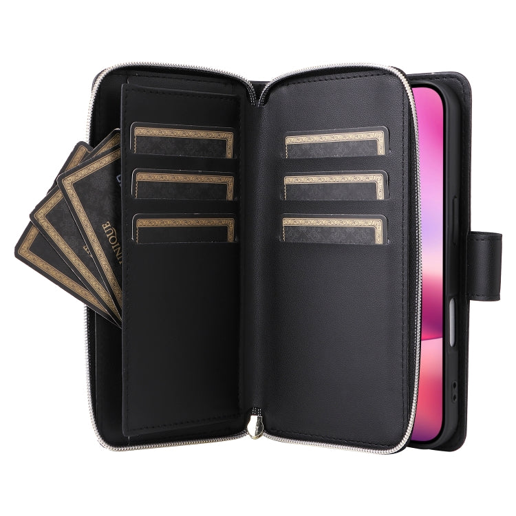 For iPhone 16 Nine-card Slots Zipper Wallet Bag Leather Phone Case(Black) - iPhone 16 Cases by buy2fix | Online Shopping UK | buy2fix