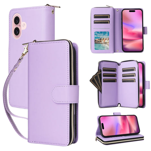 For iPhone 16 Plus Nine-card Slots Zipper Wallet Bag Leather Phone Case(Light Purple) - iPhone 16 Plus Cases by buy2fix | Online Shopping UK | buy2fix