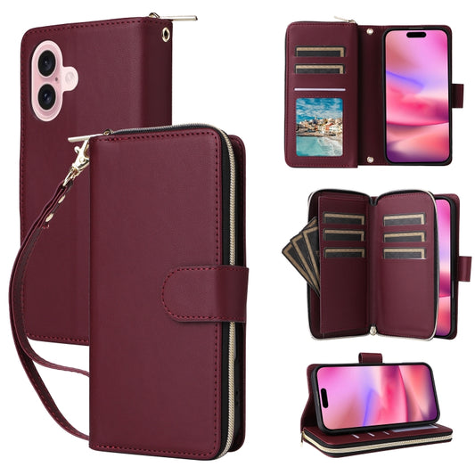 For iPhone 16 Plus Nine-card Slots Zipper Wallet Bag Leather Phone Case(Wine Red) - iPhone 16 Plus Cases by buy2fix | Online Shopping UK | buy2fix