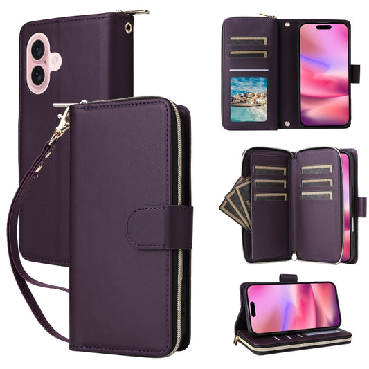For iPhone 16 Plus Nine-card Slots Zipper Wallet Bag Leather Phone Case(Dark Purple) - iPhone 16 Plus Cases by buy2fix | Online Shopping UK | buy2fix