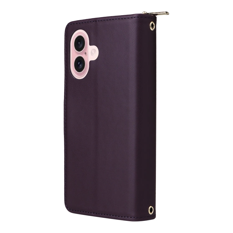 For iPhone 16 Plus Nine-card Slots Zipper Wallet Bag Leather Phone Case(Dark Purple) - iPhone 16 Plus Cases by buy2fix | Online Shopping UK | buy2fix