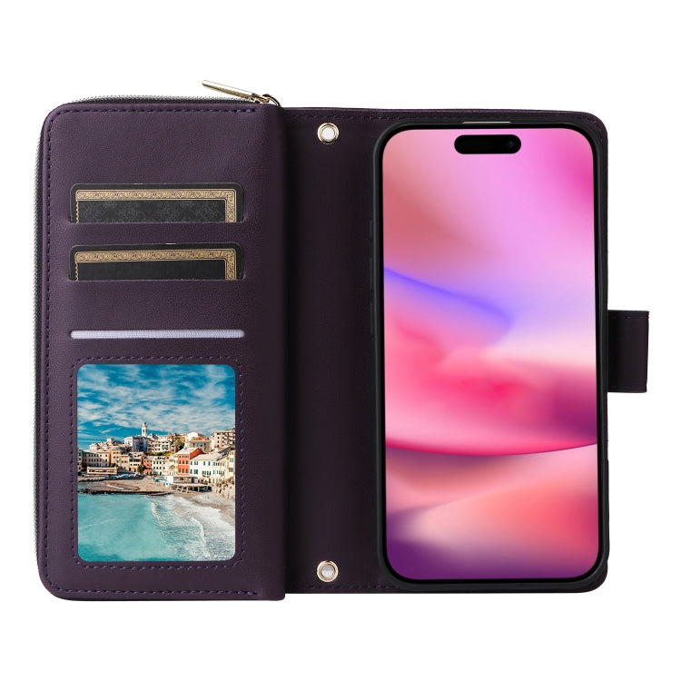 For iPhone 16 Plus Nine-card Slots Zipper Wallet Bag Leather Phone Case(Dark Purple) - iPhone 16 Plus Cases by buy2fix | Online Shopping UK | buy2fix