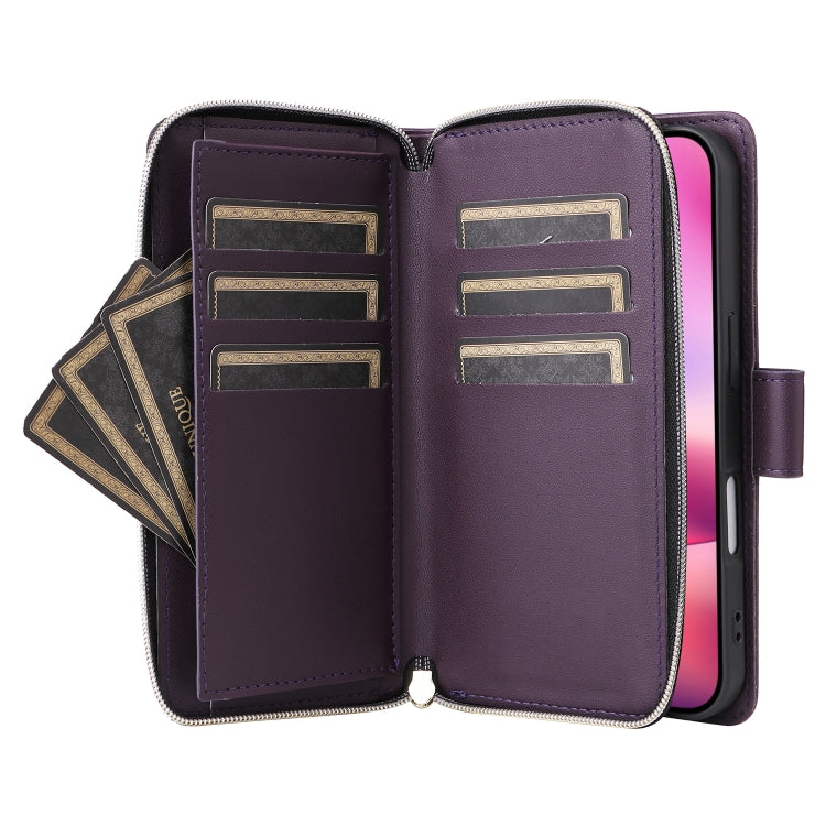 For iPhone 16 Plus Nine-card Slots Zipper Wallet Bag Leather Phone Case(Dark Purple) - iPhone 16 Plus Cases by buy2fix | Online Shopping UK | buy2fix