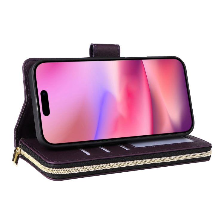 For iPhone 16 Plus Nine-card Slots Zipper Wallet Bag Leather Phone Case(Dark Purple) - iPhone 16 Plus Cases by buy2fix | Online Shopping UK | buy2fix