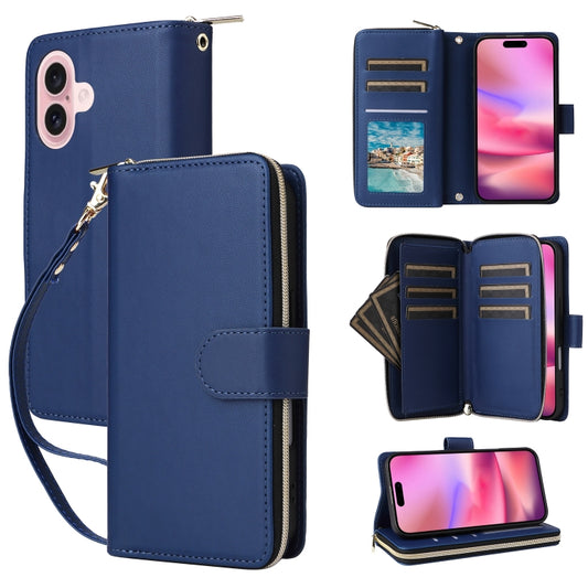 For iPhone 16 Plus Nine-card Slots Zipper Wallet Bag Leather Phone Case(Blue) - iPhone 16 Plus Cases by buy2fix | Online Shopping UK | buy2fix
