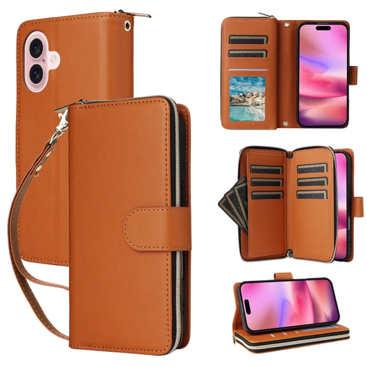 For iPhone 16 Plus Nine-card Slots Zipper Wallet Bag Leather Phone Case(Brown) - iPhone 16 Plus Cases by buy2fix | Online Shopping UK | buy2fix
