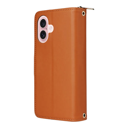 For iPhone 16 Plus Nine-card Slots Zipper Wallet Bag Leather Phone Case(Brown) - iPhone 16 Plus Cases by buy2fix | Online Shopping UK | buy2fix