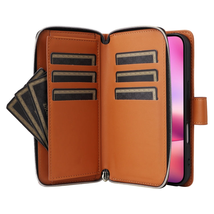 For iPhone 16 Plus Nine-card Slots Zipper Wallet Bag Leather Phone Case(Brown) - iPhone 16 Plus Cases by buy2fix | Online Shopping UK | buy2fix