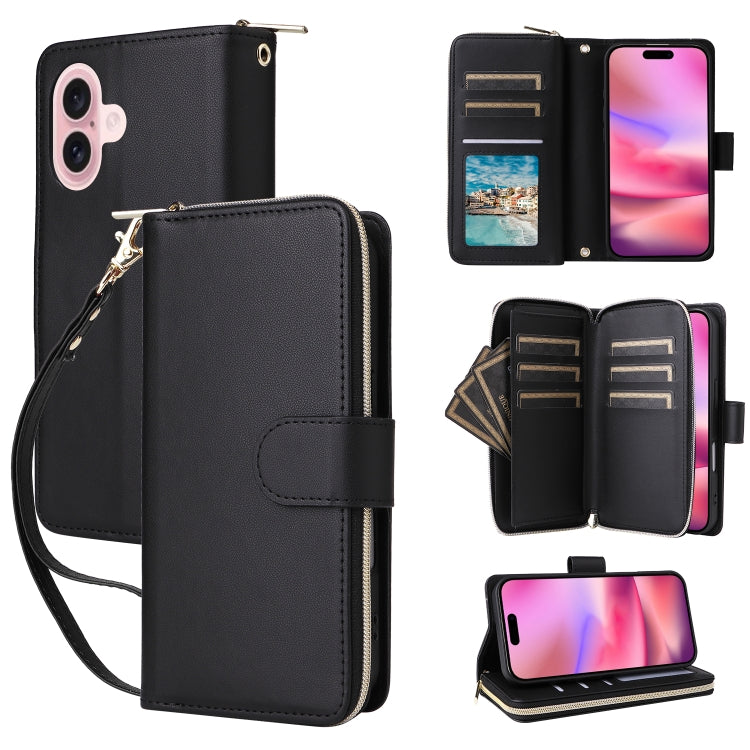 For iPhone 16 Plus Nine-card Slots Zipper Wallet Bag Leather Phone Case(Black) - iPhone 16 Plus Cases by buy2fix | Online Shopping UK | buy2fix