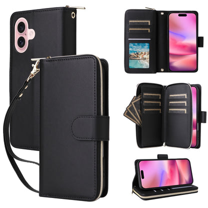 For iPhone 16 Plus Nine-card Slots Zipper Wallet Bag Leather Phone Case(Black) - iPhone 16 Plus Cases by buy2fix | Online Shopping UK | buy2fix