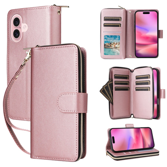 For iPhone 16 Plus Nine-card Slots Zipper Wallet Bag Leather Phone Case(Rose Gold) - iPhone 16 Plus Cases by buy2fix | Online Shopping UK | buy2fix