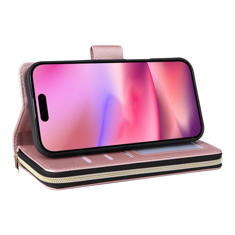 For iPhone 16 Plus Nine-card Slots Zipper Wallet Bag Leather Phone Case(Rose Gold) - iPhone 16 Plus Cases by buy2fix | Online Shopping UK | buy2fix