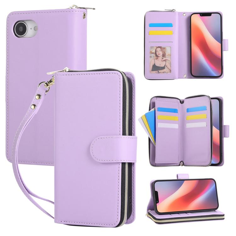 For iPhone 16e Nine-card Slots Zipper Wallet Bag Leather Phone Case(Light Purple) - iPhone 16e Cases by buy2fix | Online Shopping UK | buy2fix