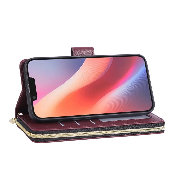 For iPhone 16e Nine-card Slots Zipper Wallet Bag Leather Phone Case(Wine Red) - iPhone 16e Cases by buy2fix | Online Shopping UK | buy2fix