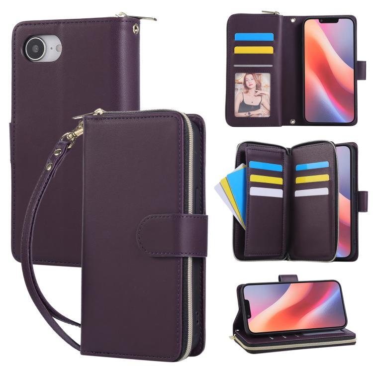 For iPhone 16e Nine-card Slots Zipper Wallet Bag Leather Phone Case(Dark Purple) - iPhone 16e Cases by buy2fix | Online Shopping UK | buy2fix