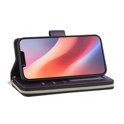 For iPhone 16e Nine-card Slots Zipper Wallet Bag Leather Phone Case(Dark Purple) - iPhone 16e Cases by buy2fix | Online Shopping UK | buy2fix