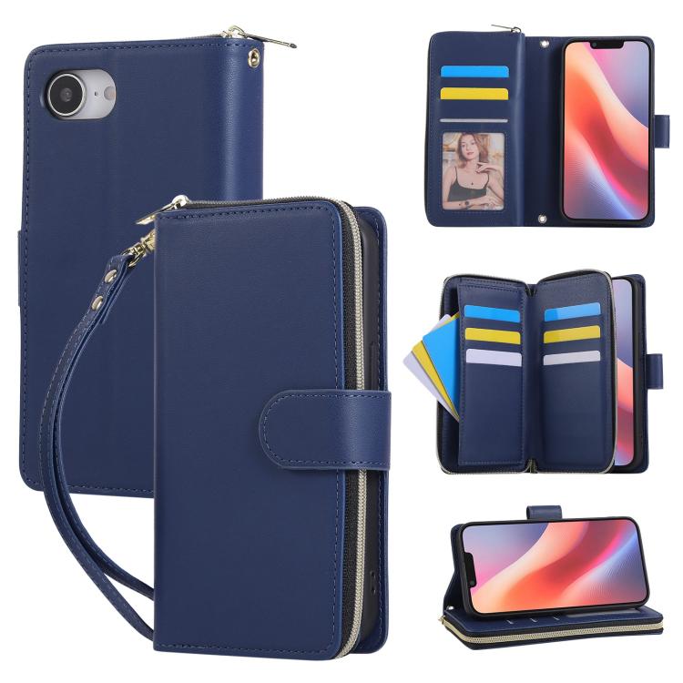 For iPhone 16e Nine-card Slots Zipper Wallet Bag Leather Phone Case(Blue) - iPhone 16e Cases by buy2fix | Online Shopping UK | buy2fix