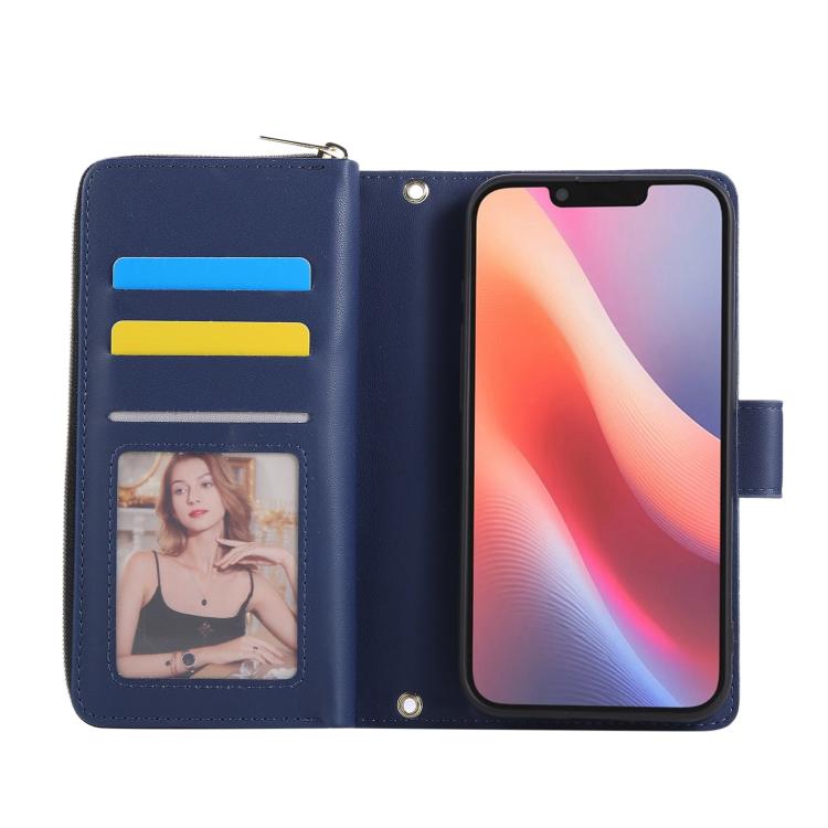 For iPhone 16e Nine-card Slots Zipper Wallet Bag Leather Phone Case(Blue) - iPhone 16e Cases by buy2fix | Online Shopping UK | buy2fix