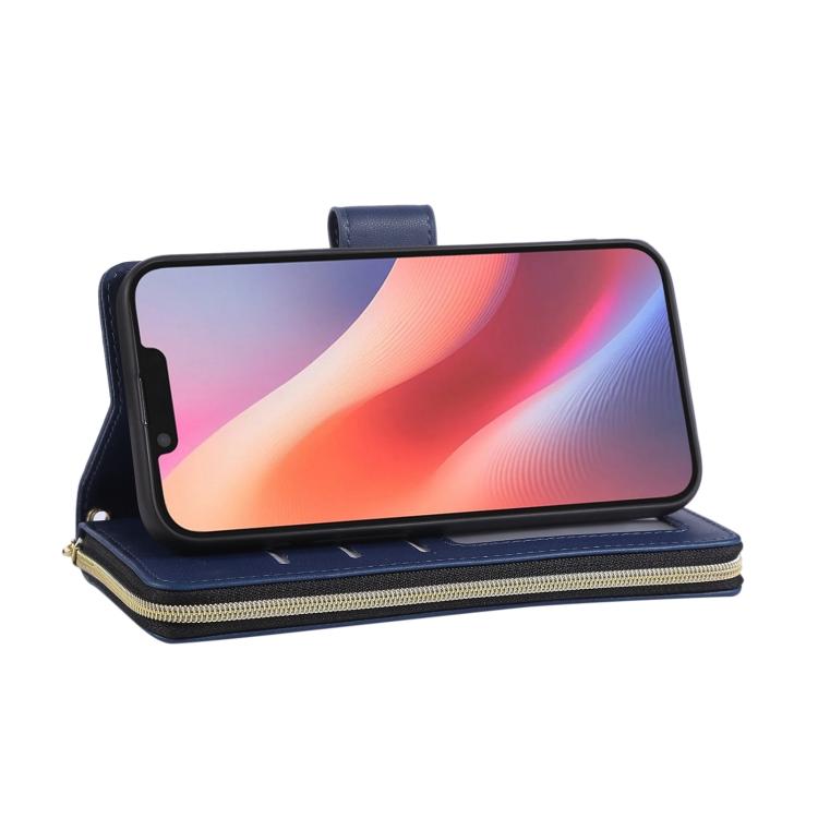 For iPhone 16e Nine-card Slots Zipper Wallet Bag Leather Phone Case(Blue) - iPhone 16e Cases by buy2fix | Online Shopping UK | buy2fix