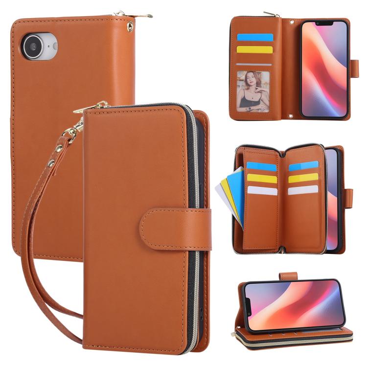 For iPhone 16e Nine-card Slots Zipper Wallet Bag Leather Phone Case(Brown) - iPhone 16e Cases by buy2fix | Online Shopping UK | buy2fix