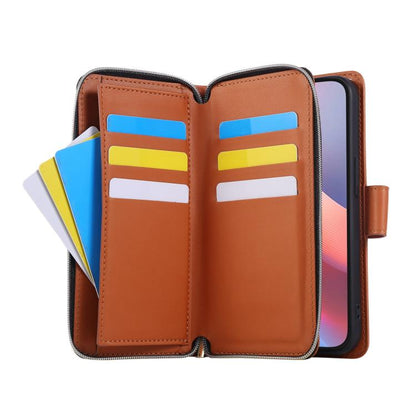 For iPhone 16e Nine-card Slots Zipper Wallet Bag Leather Phone Case(Brown) - iPhone 16e Cases by buy2fix | Online Shopping UK | buy2fix