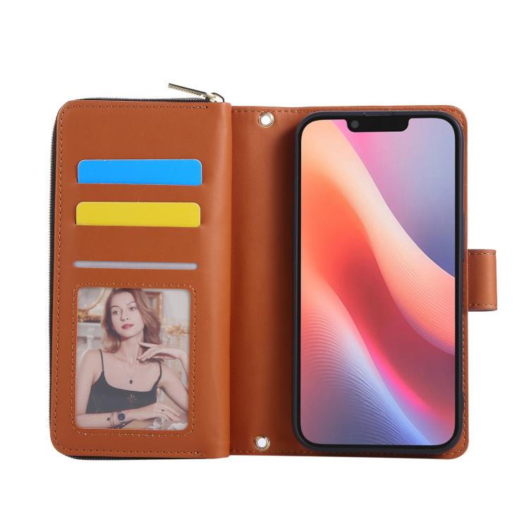 For iPhone 16e Nine-card Slots Zipper Wallet Bag Leather Phone Case(Brown) - iPhone 16e Cases by buy2fix | Online Shopping UK | buy2fix