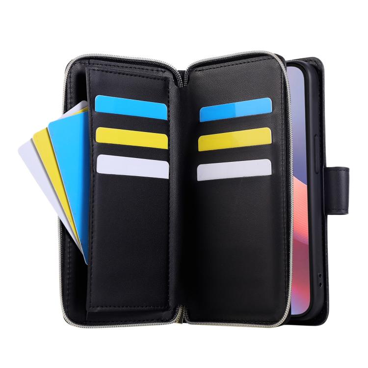 For iPhone 16e Nine-card Slots Zipper Wallet Bag Leather Phone Case(Black) - iPhone 16e Cases by buy2fix | Online Shopping UK | buy2fix