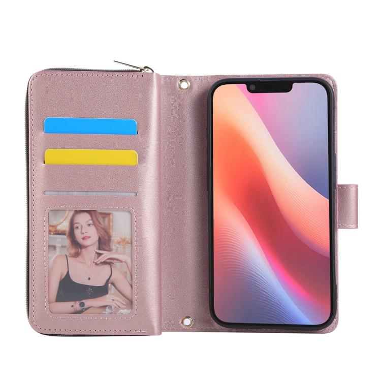 For iPhone 16e Nine-card Slots Zipper Wallet Bag Leather Phone Case(Rose Gold) - iPhone 16e Cases by buy2fix | Online Shopping UK | buy2fix