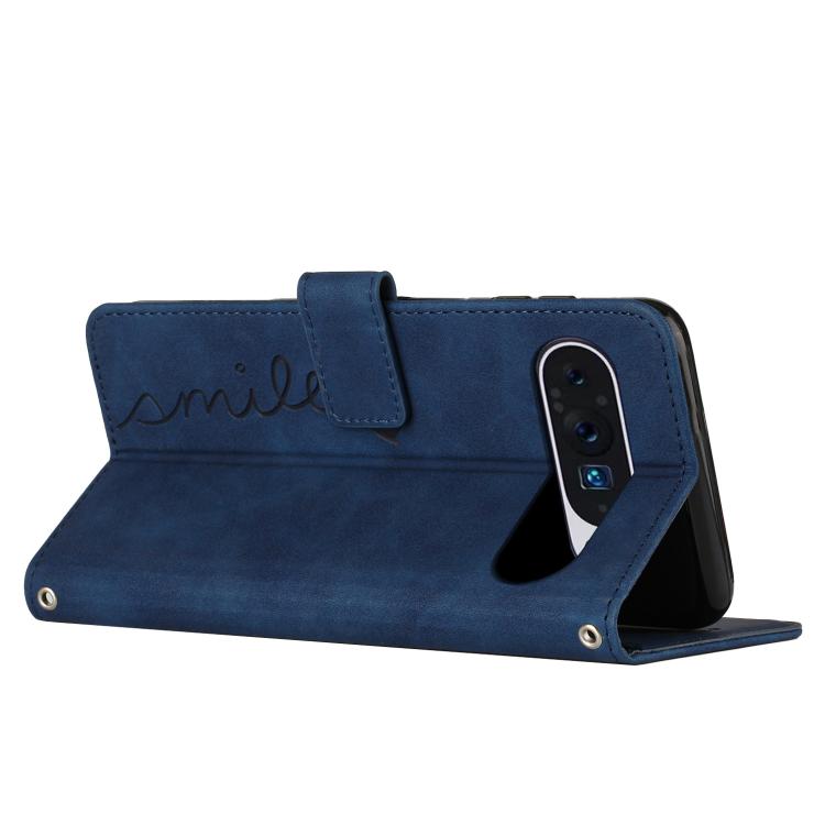 For Google Pixel 10 / 10 Pro Skin Feel Heart Embossed Leather Phone Case with Long Lanyard(Blue) - Google Cases by buy2fix | Online Shopping UK | buy2fix