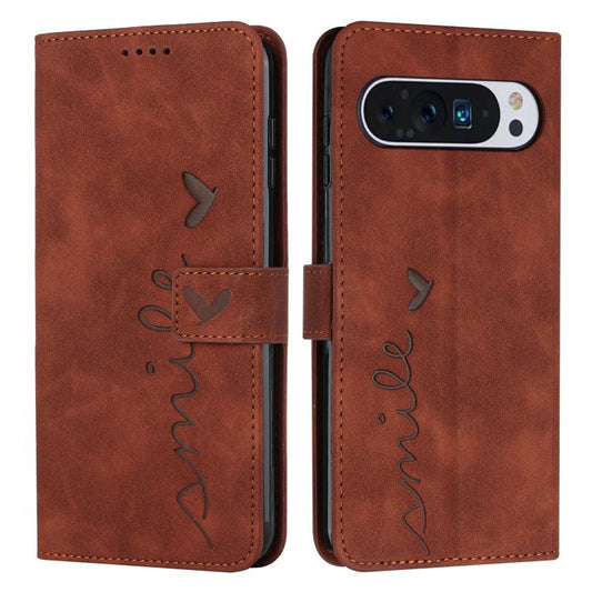 For Google Pixel 10 / 10 Pro Skin Feel Heart Embossed Leather Phone Case with Long Lanyard(Brown) - Google Cases by buy2fix | Online Shopping UK | buy2fix
