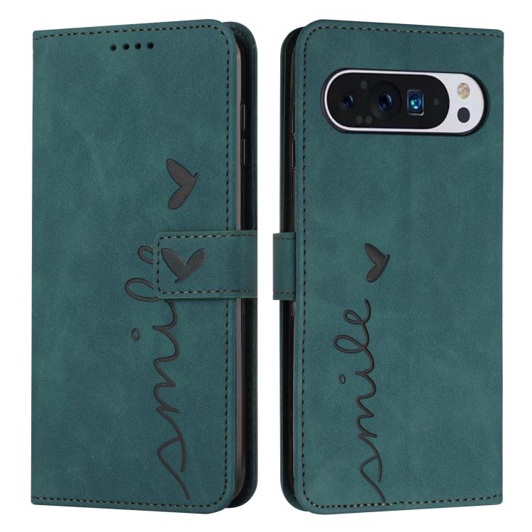 For Google Pixel 10 Pro XL Skin Feel Heart Embossed Leather Phone Case with Long Lanyard(Green) - Google Cases by buy2fix | Online Shopping UK | buy2fix