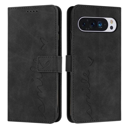 For Google Pixel 10 Pro XL Skin Feel Heart Embossed Leather Phone Case with Long Lanyard(Black) - Google Cases by buy2fix | Online Shopping UK | buy2fix