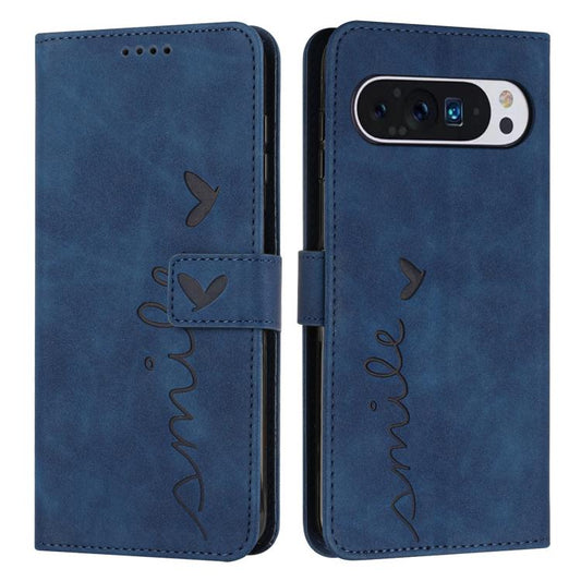 For Google Pixel 10 Pro XL Skin Feel Heart Embossed Leather Phone Case with Long Lanyard(Blue) - Google Cases by buy2fix | Online Shopping UK | buy2fix